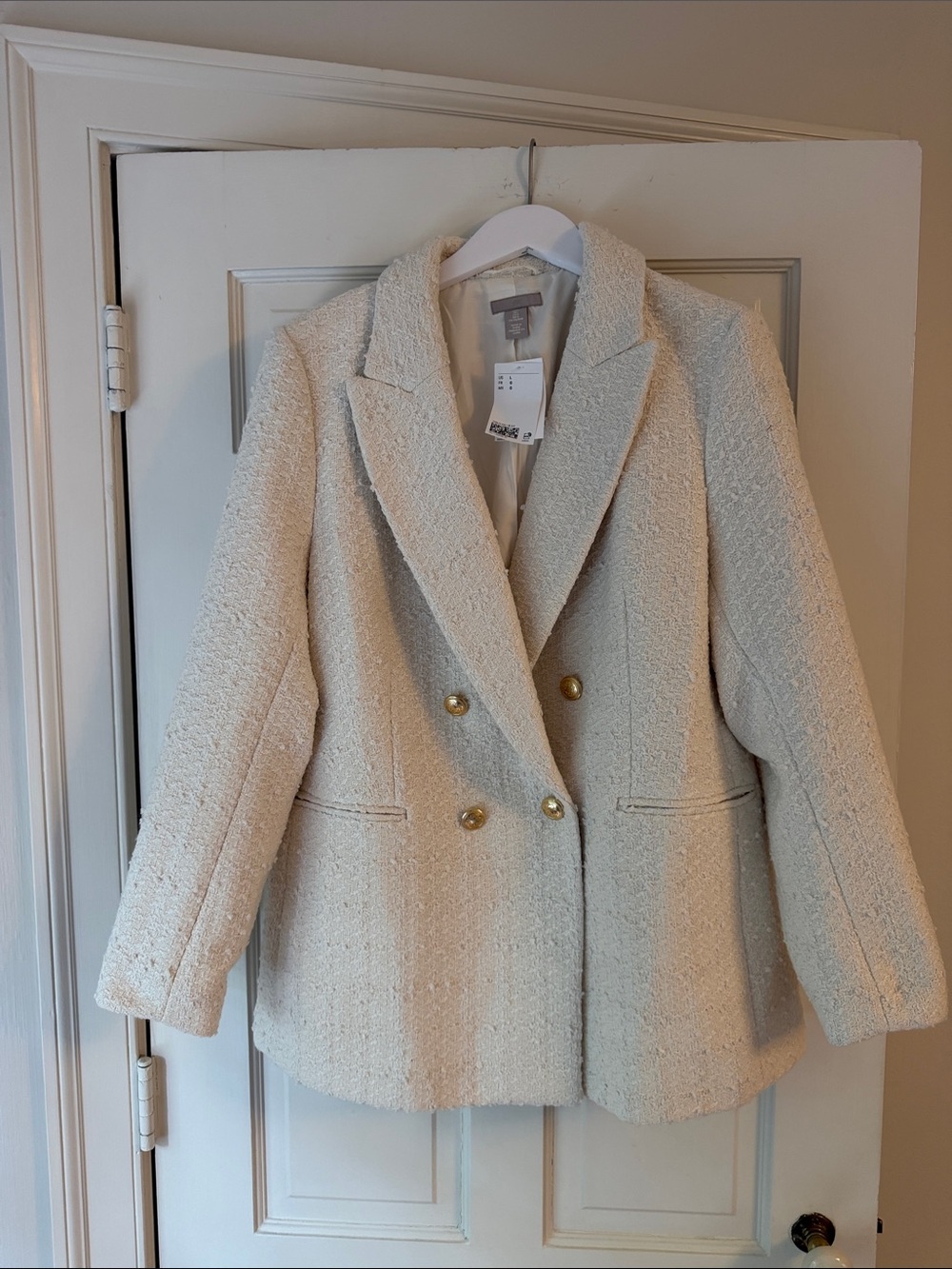 H&M Cream Bouclé Double-Breasted Blazer with Gold Buttons